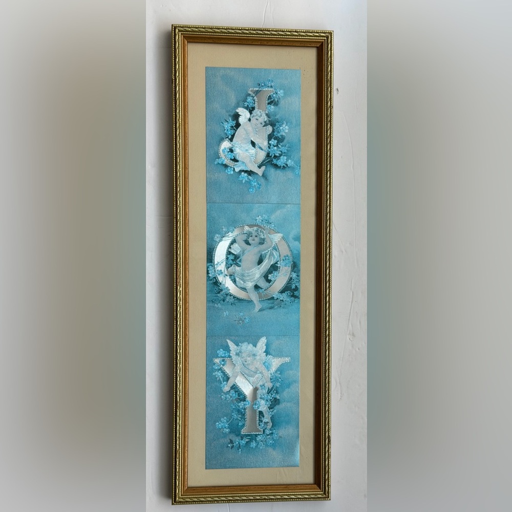 Vintage Victorian Style JOY PRINT Cherubs Gold Framed 20.5” Wall Decor